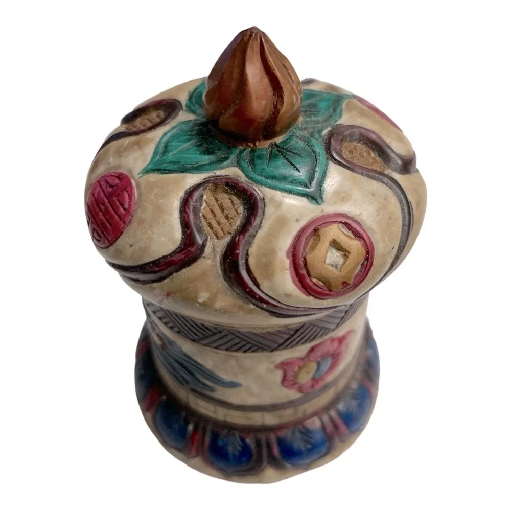 Vintage Chinese Dragon Stone Trinket Box Hand Painted Lidded Jewelry Container